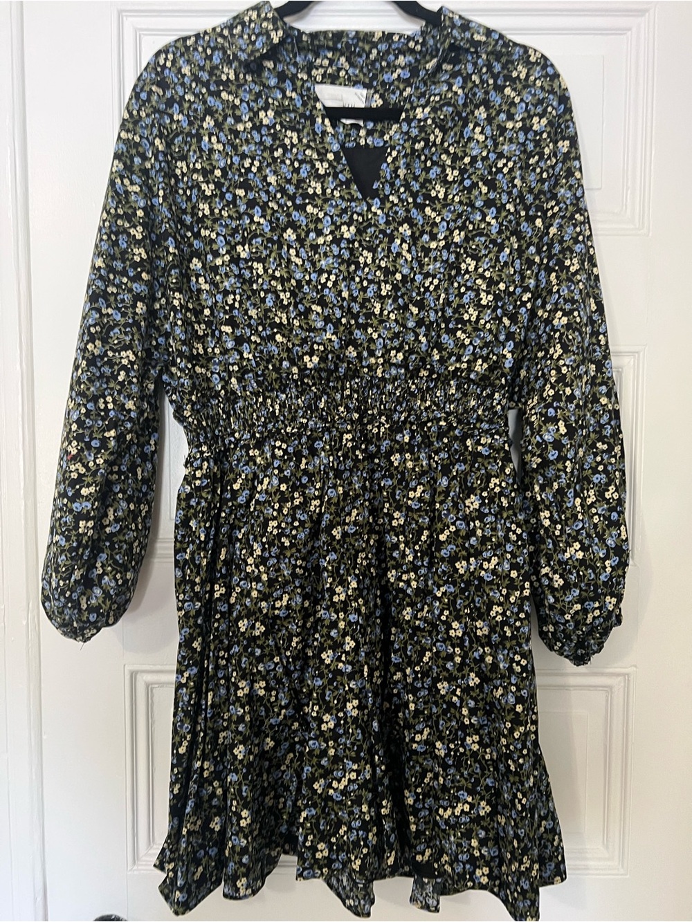 Tuckernuck Black Floral Smocked-Waist Long-Sleeve Dress with Blue & Cream Blooms